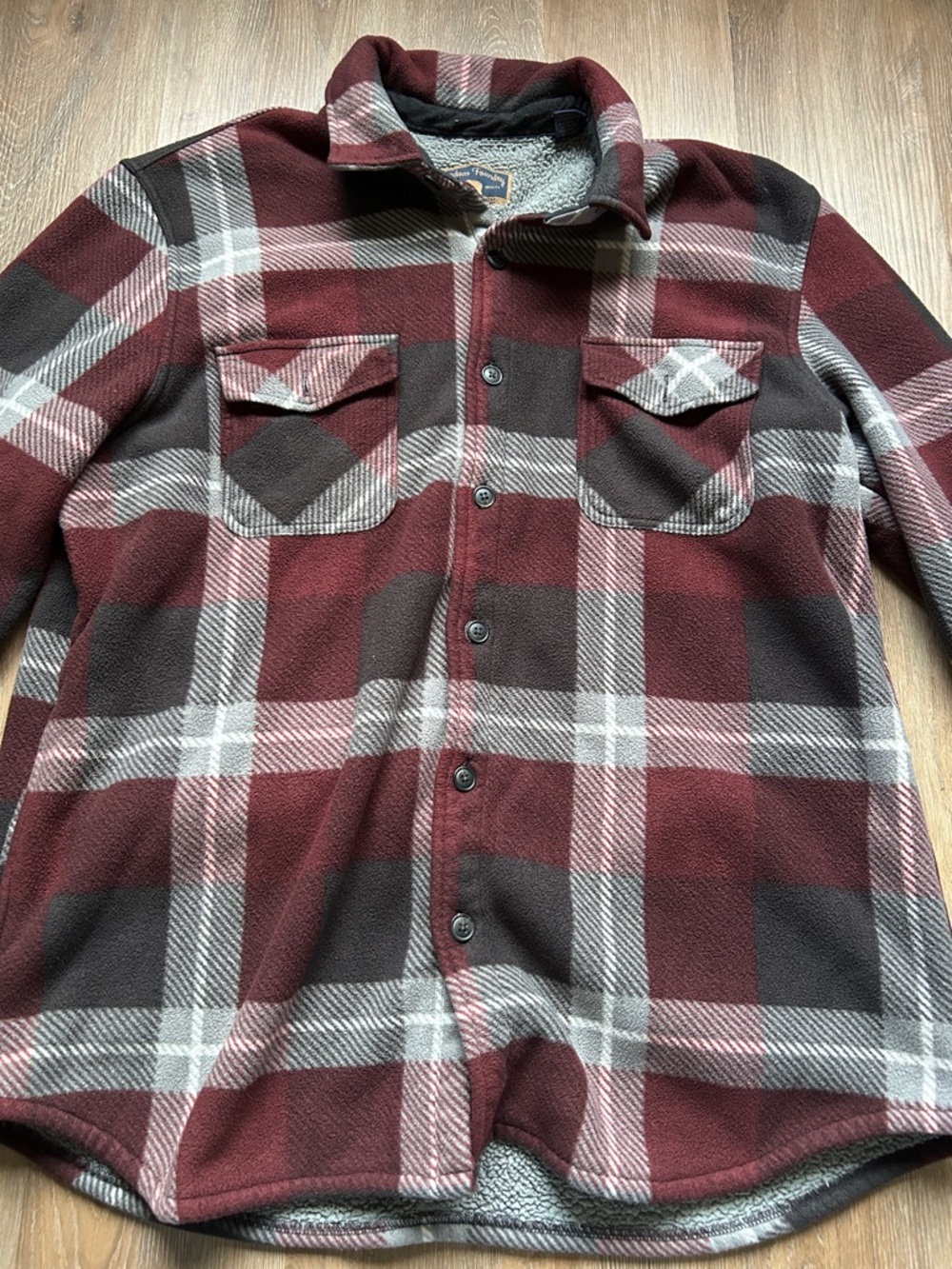 Men's Burgundy Plaid Button-Down Fleece Jacket